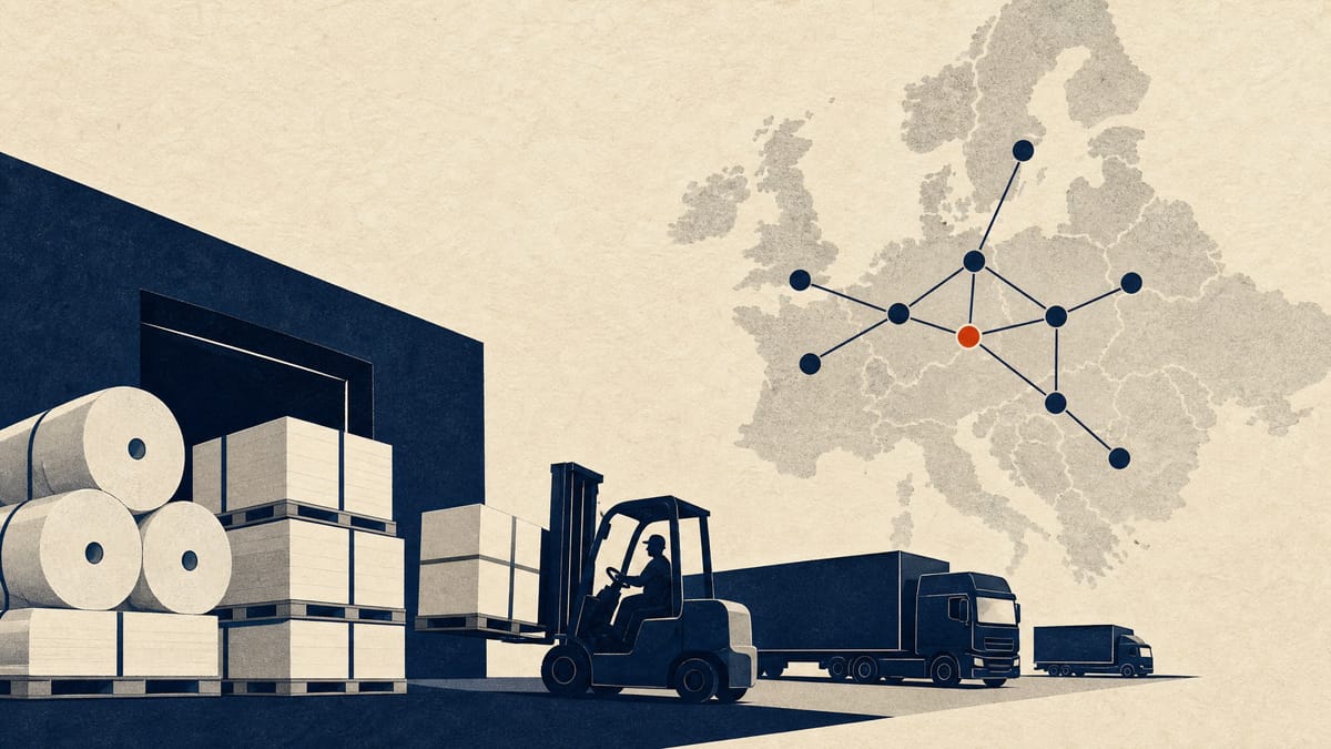 Pallets of paper in a warehouse with loading trucks and a diagram of connected distribution depots.