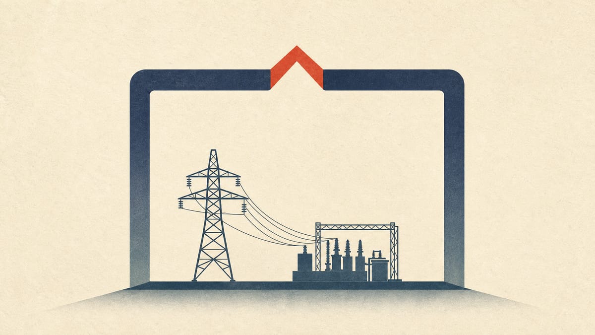 Abstract editorial illustration of a power transmission tower and substation linked to a larger frame above them, representing a holding company over a utility.