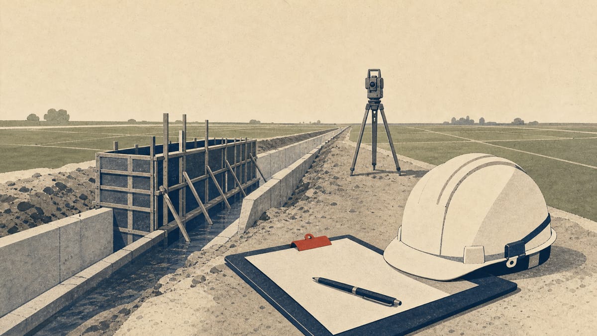 Engineering support work at an irrigation canal construction site, with formwork, a survey tripod and an inspector's hard hat.