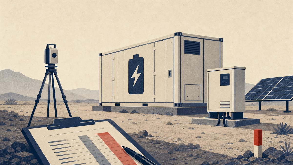 A battery storage container and inverter cabinet at a pilot test site, with a surveyor's tripod and cost sheets in the foreground.