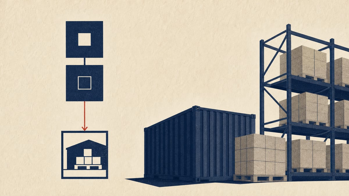 Editorial illustration of warehouse racking and shipping containers beside a layered diagram of holding companies feeding into a single logistics operator.