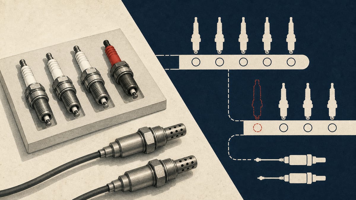 Spark plugs and exhaust sensors on a workbench, with one row of parts pulled back from a transfer tray.