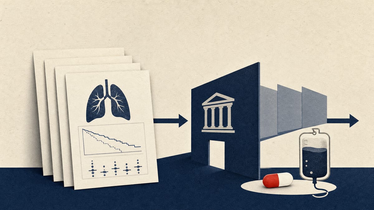Illustration of an oral capsule and a chemotherapy infusion bag beside layered trial data feeding into a regulatory review lane.