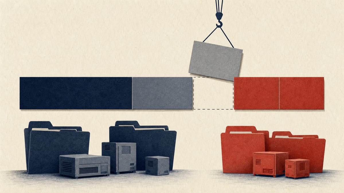 Abstract ownership bar split into four blocks, one being removed and two new blocks added, above stacked leasing equipment crates.