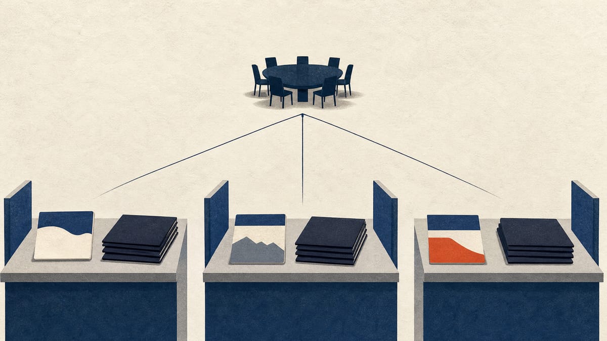 Three bank counters linked by lines that converge on an empty boardroom table, suggesting three regional lenders heading into board meetings.