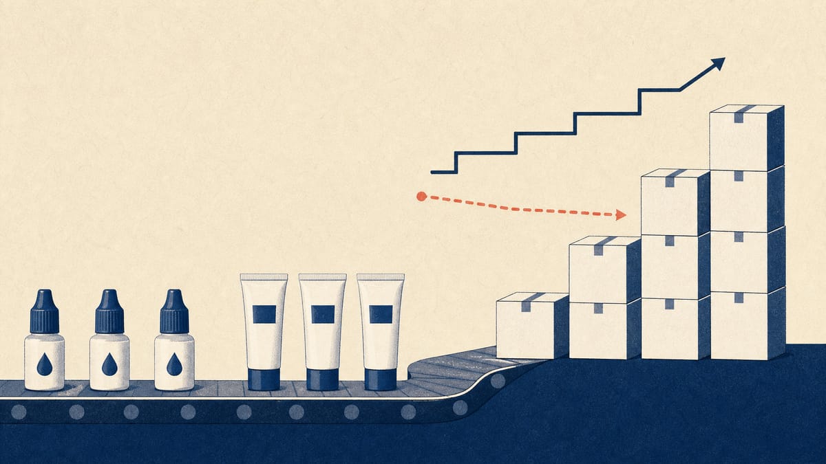 Eye drop bottles and skincare tubes on a packing line beside stacked cartons arranged like a rising bar chart