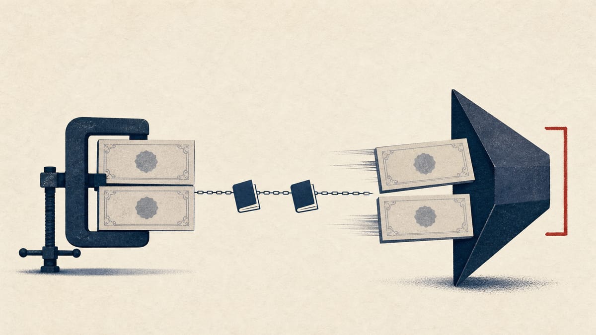 Illustration of four stacks of investment units, two moving toward a funnel and two held back, linked by a chain of ledgers representing internal loans.