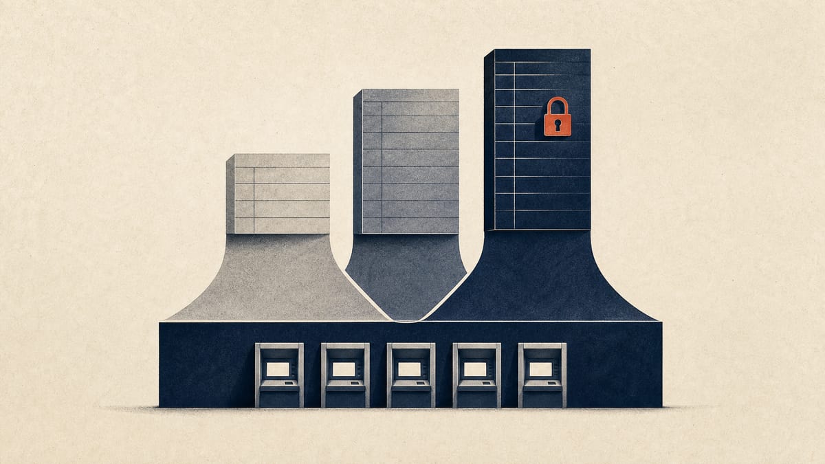 Three stacks of ledger blocks of different heights merging onto one shared base, with a padlock shape and a row of ATM terminals, illustrating three regional banks combining.
