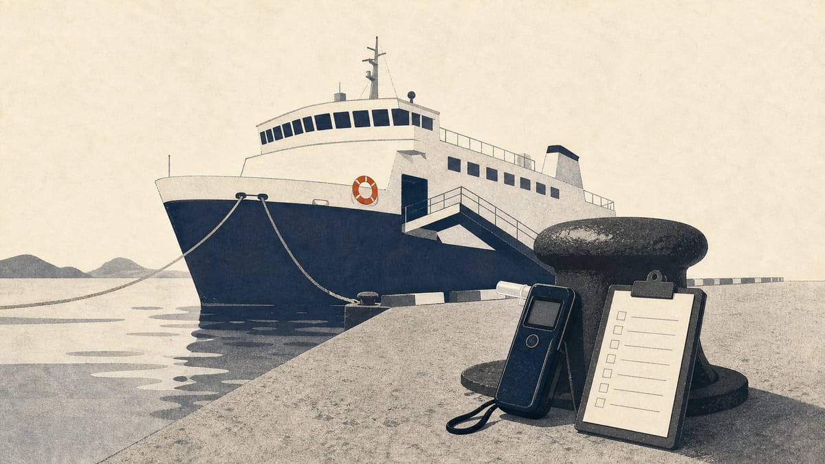 A passenger vessel tied up at a quiet ferry berth with its gangway raised, and an alcohol tester and inspection checklist on a bollard in the foreground.