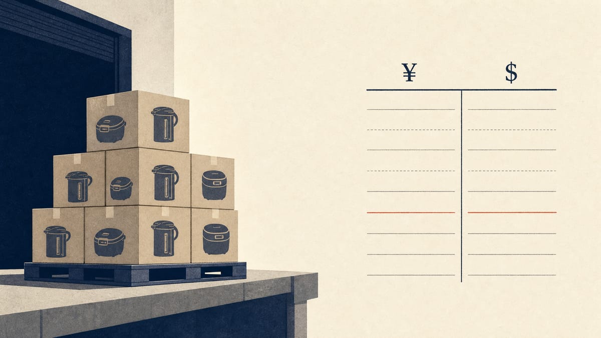 Pallets of boxed kitchen appliances at a warehouse dock beside a ledger with one small entry highlighted
