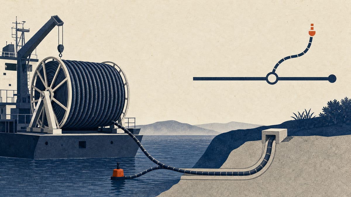 Coiled submarine cable on a ship deck next to a coastal landing trench, with a branch line diagram splitting from a trunk cable.
