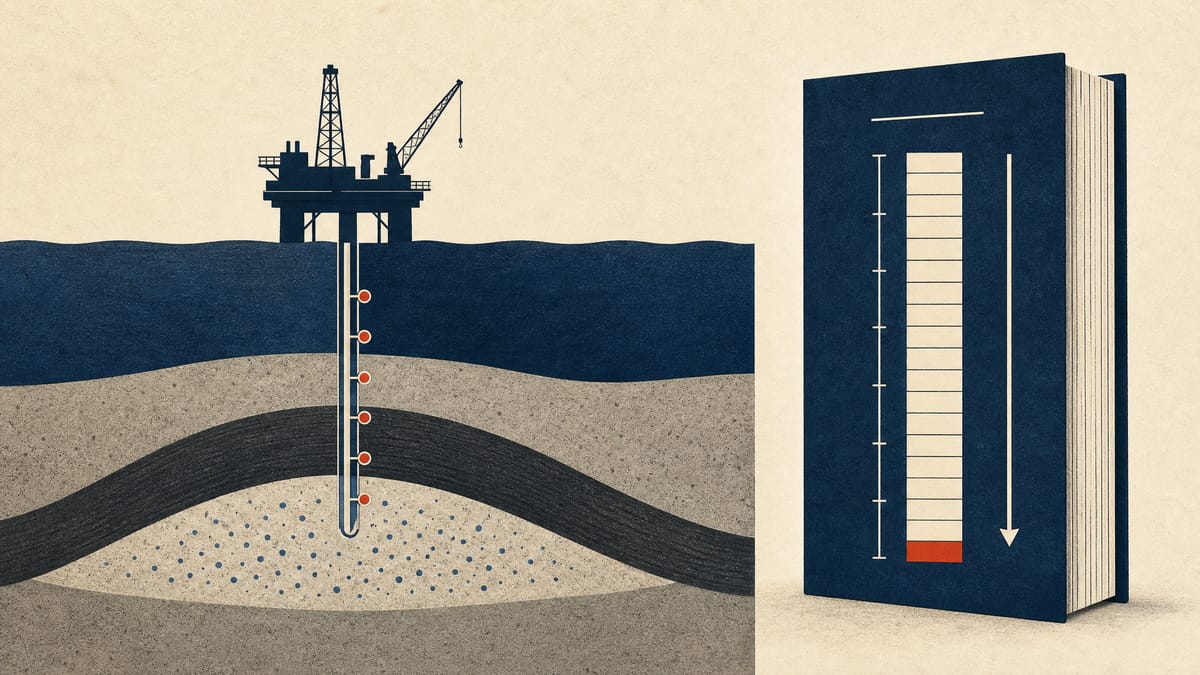 Illustrated cross-section of an offshore carbon storage platform with a well, seabed reservoir and monitoring sensors, next to a bar showing funds set aside over a long timeline.