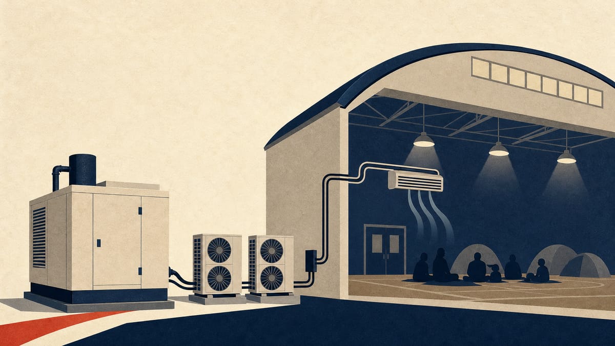 Illustration of gas cogeneration and heat-pump outdoor units beside a school gymnasium, powering lights and air conditioning inside.
