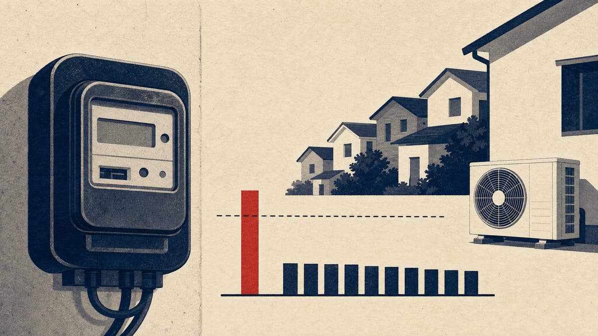Illustration of an electricity meter next to a bar diagram in which the fixed-charge bar rises above thin usage-charge bars, with houses and an air conditioner unit behind.