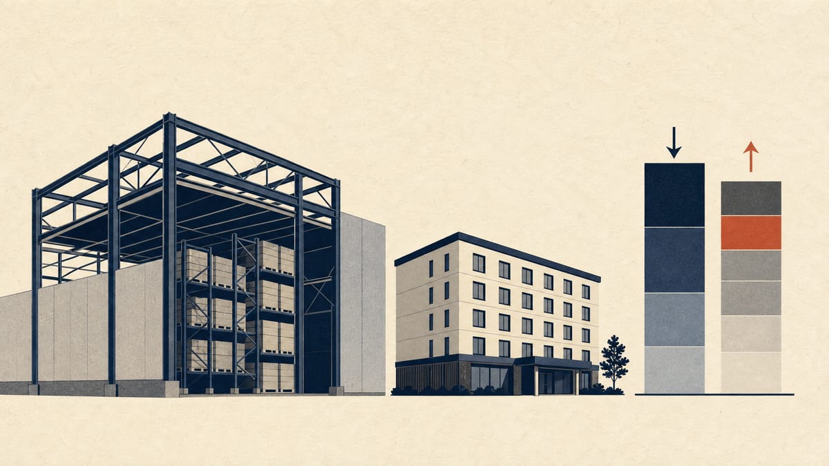 Illustration of a cold-storage warehouse under construction next to a finished hotel building, with a bar graph of cash inflows and outflows.
