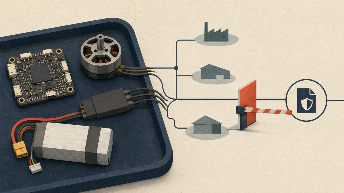 Drone flight controller, motor and battery on a tray beside an abstract supplier-network diagram with a single security checkpoint