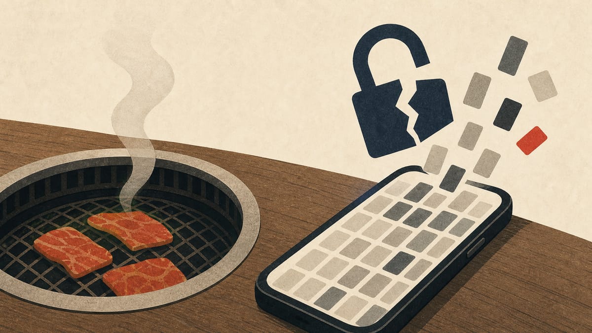飲食店のグリルの横に置かれたスマートフォンと、壊れた南京錠から抜け出す抽象的なデータブロックのイラスト