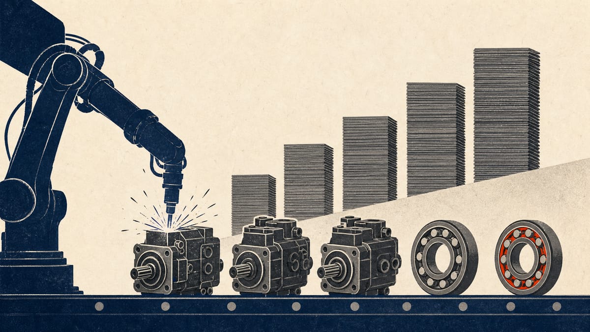Industrial robot arm beside hydraulic pumps and bearings on a machinery factory line, with stacked steel plates forming a rising chart.