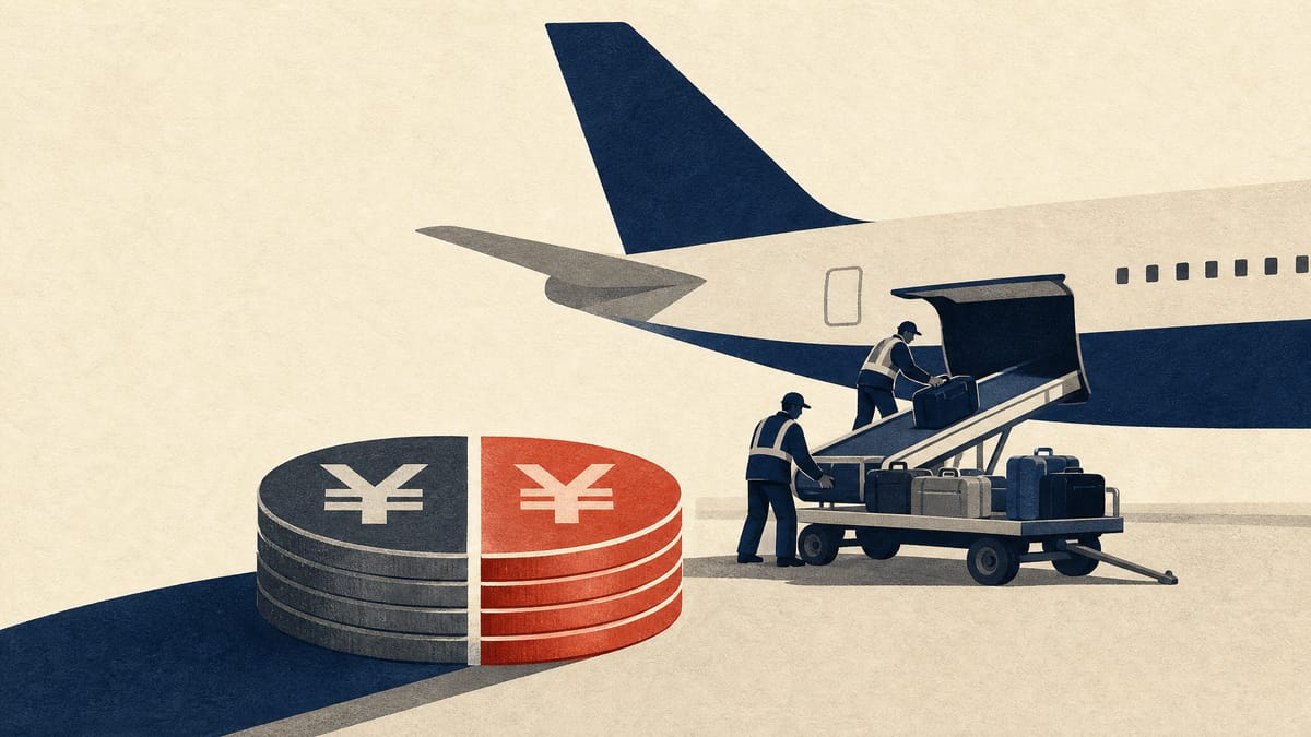 Airport ground crew loading a luggage cart beside an aircraft, with a coin stack split into two halves to suggest shared costs