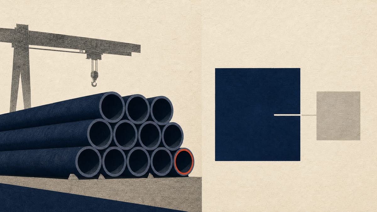 Stacked lengths of ductile iron pipe in a foundry yard beside an abstract two-part ownership diagram.