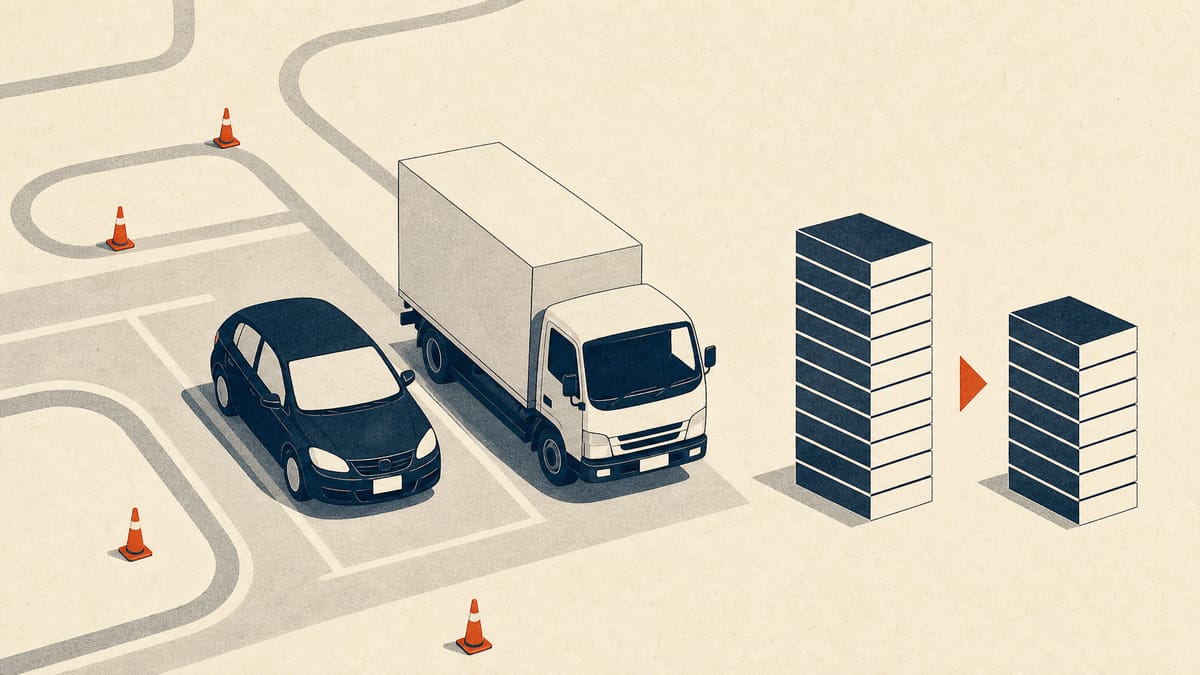 Illustration of an ordinary car and a larger semi-medium truck on a driving-school practice course, with abstract bars showing a shorter block of lesson hours.