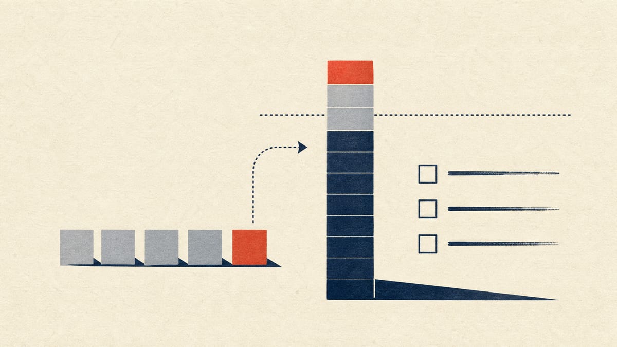 Abstract diagram of stacked share blocks climbing toward an ownership threshold line, with unlabeled checklist boxes beside it.