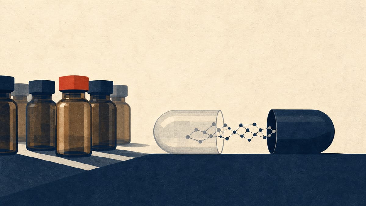企業間での希少疾患薬の移転を表す、二分割式のカプセル模型と琥珀色の実験用バイアル