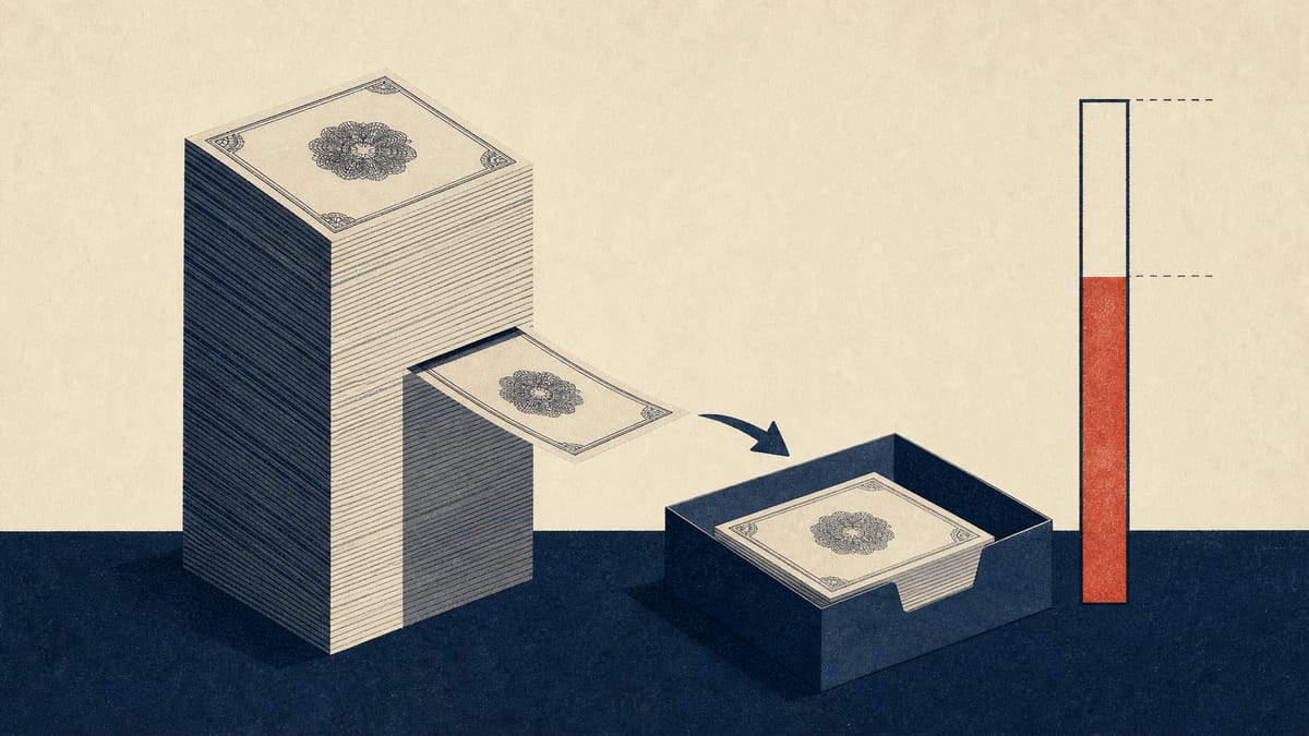 Illustration of cards being moved from a tall stack into a tray beside a partly filled bar gauge, representing progress through a share buyback.