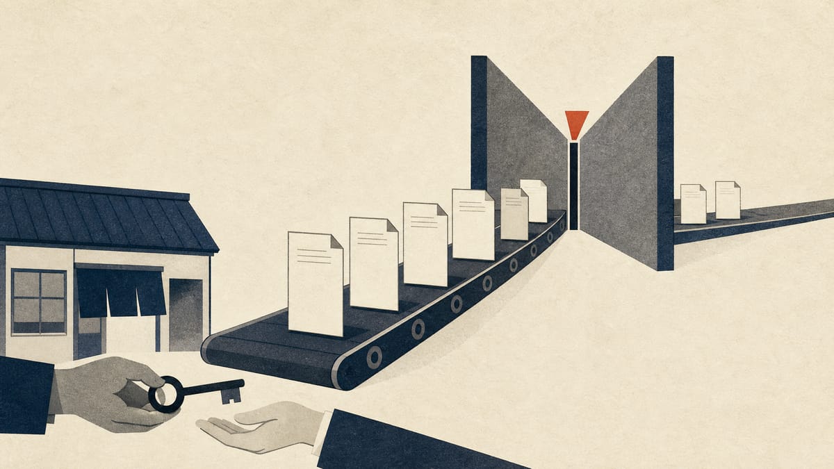 Stack of application forms on a conveyor approaching a narrow review gate, with a small shop and a handed-over key in the foreground.
