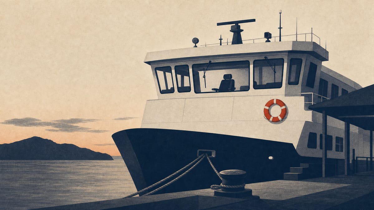 A passenger ferry at a pier at dusk with an empty captain's chair visible on the bridge.