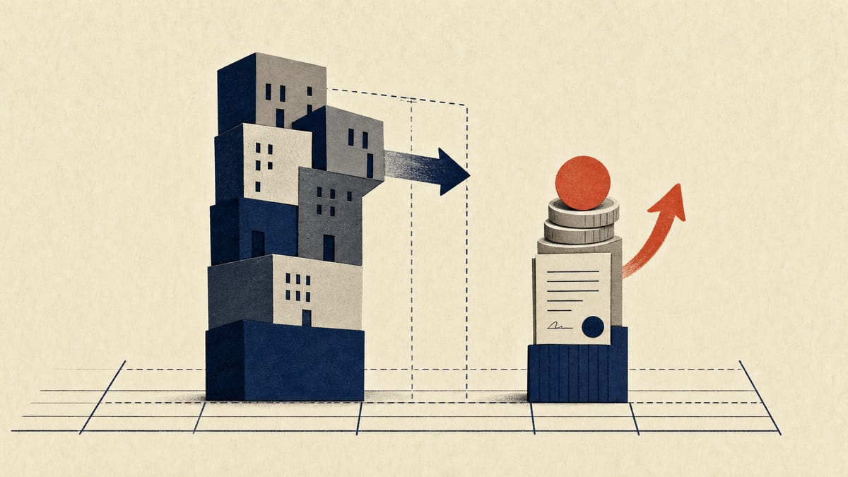 Abstract illustration of property blocks shifting to a later column while a rent and fee column grows