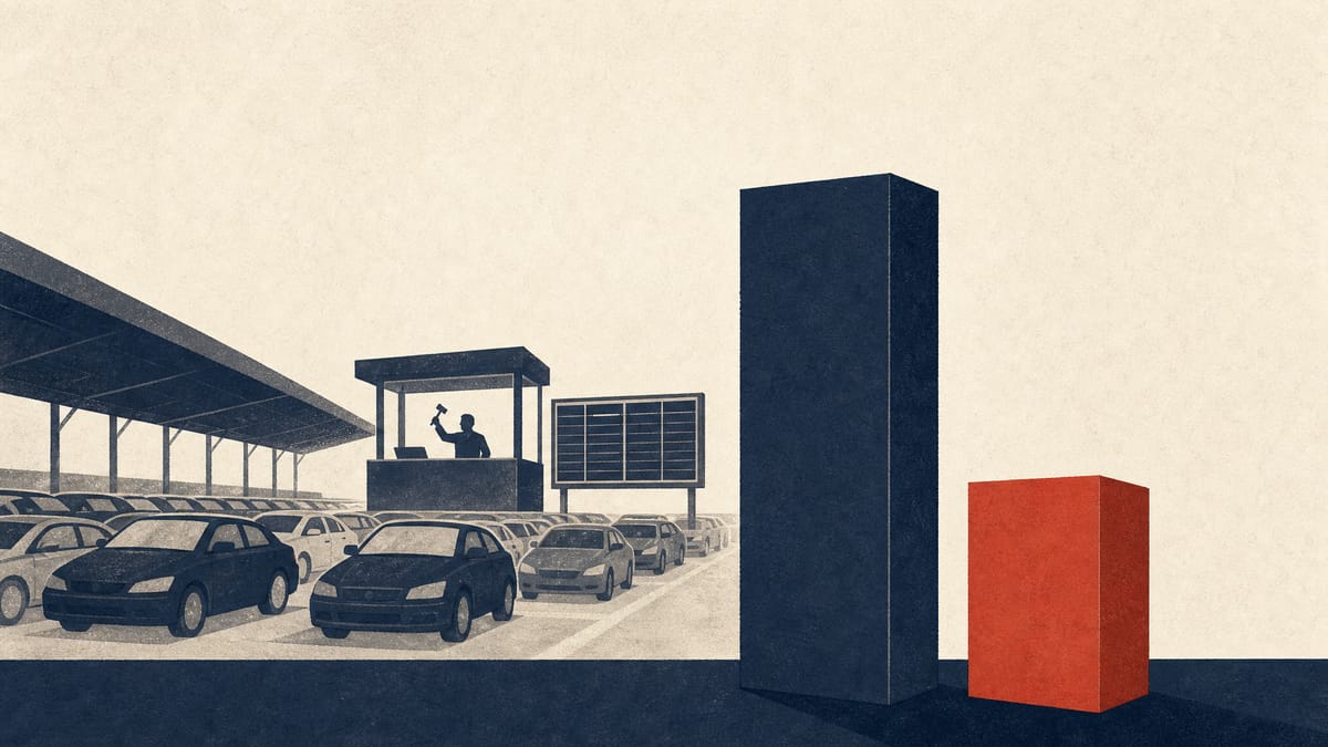 Illustration of used cars lined up in an auction lane with two bars of different heights in the foreground, one for cars listed and a shorter one for cars sold.