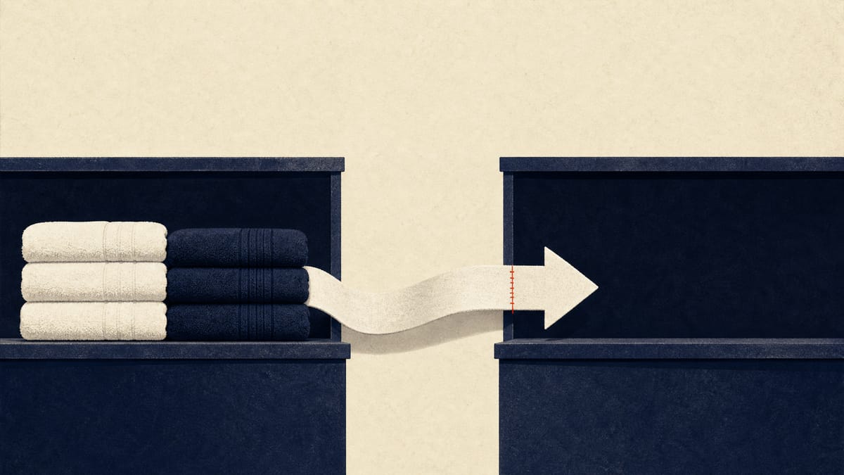 Stacks of folded towels on one shelf with a cloth ribbon leading to an empty second shelf, illustrating a business transfer.