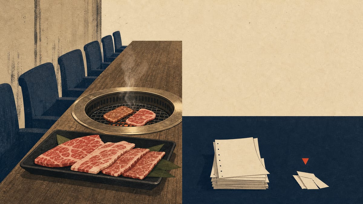 A charcoal table grill with raw beef cuts on a tray beside a stack of blank cost slips in a restaurant dining room.