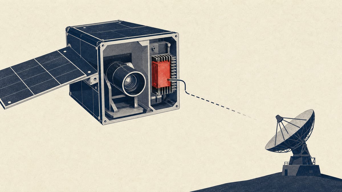 Illustrated cutaway of a small satellite with a working telescope and an overheated power amplifier, with a signal line to a ground station dish breaking off