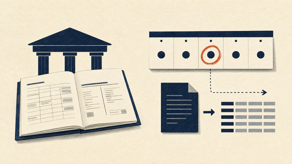 Editorial illustration of a regulatory calendar and a data-flow diagram turning a PDF page into structured bank disclosure data