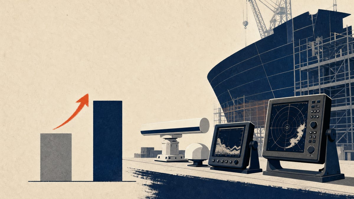 Marine navigation electronics on a shipyard quay next to a hull under construction, with two forecast bars of different heights.