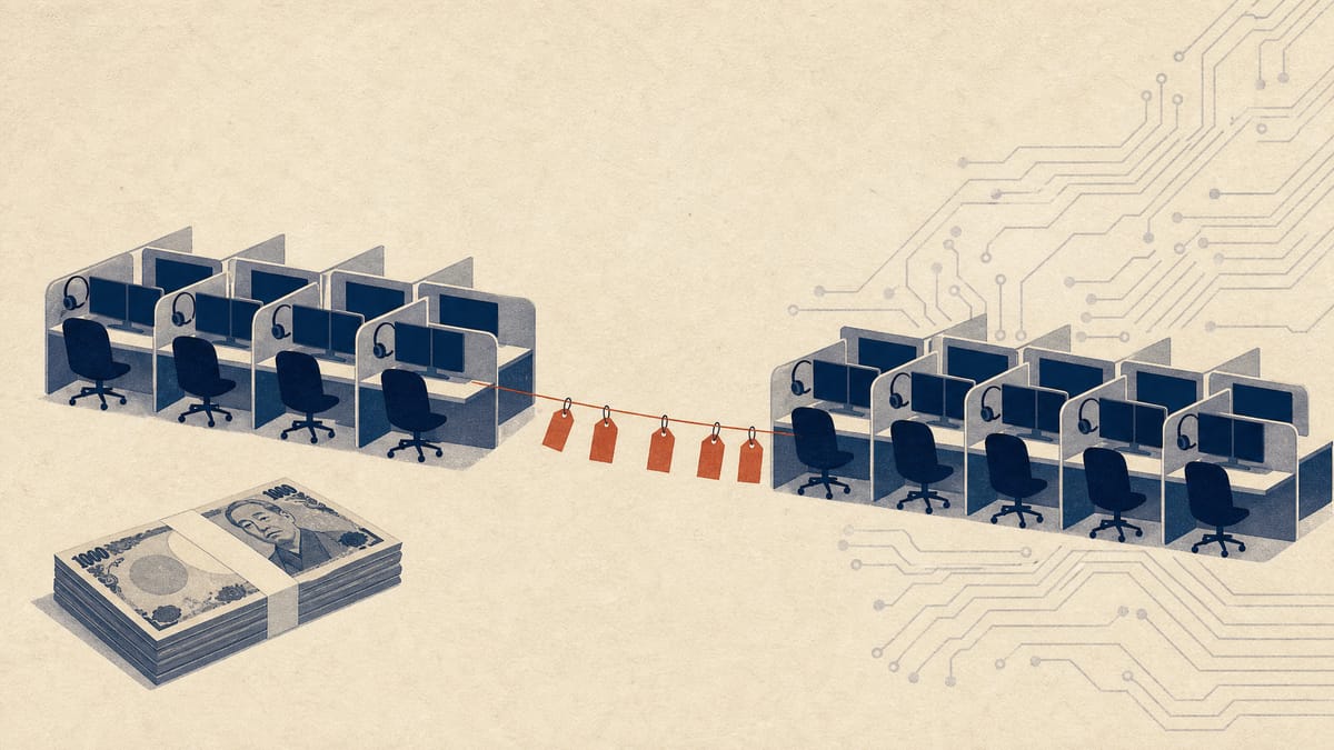 Call-centre workstations with headsets and monitors, linked by handover tags beside a stack of yen banknotes and a faint circuit pattern.