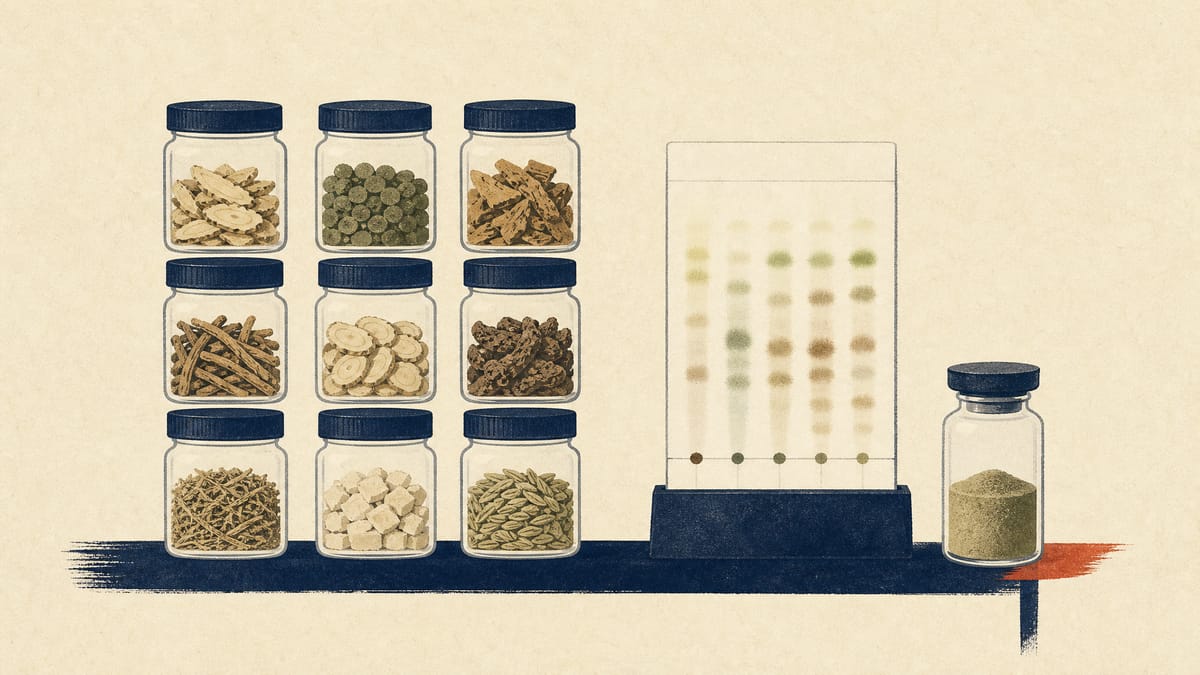 Sample jars of dried herbs and powdered extracts on a laboratory bench beside a chromatography plate