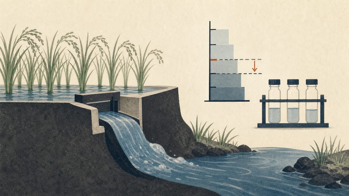 Illustration of a rice paddy drainage channel flowing into a stream beside water-sample vials and a gauge with a lowered limit line.