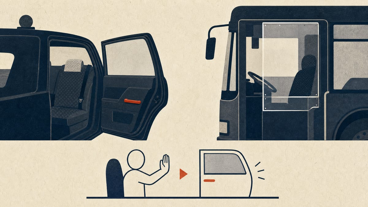 Illustration of a taxi door and a bus driver's cabin behind a protective partition, with simple line symbols suggesting a request to stop and a refused boarding.