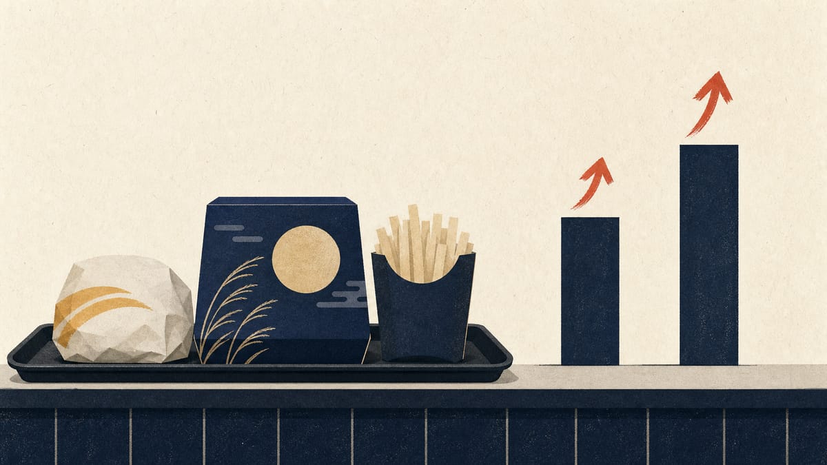 Fast-food counter with a seasonal burger box and tray beside two bars of different heights representing customer traffic and spend per customer.