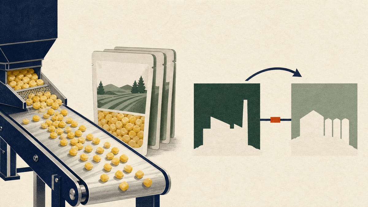 Frozen corn kernels on a factory conveyor next to stacked retort pouches, with a simple diagram of shares moving between two owners.