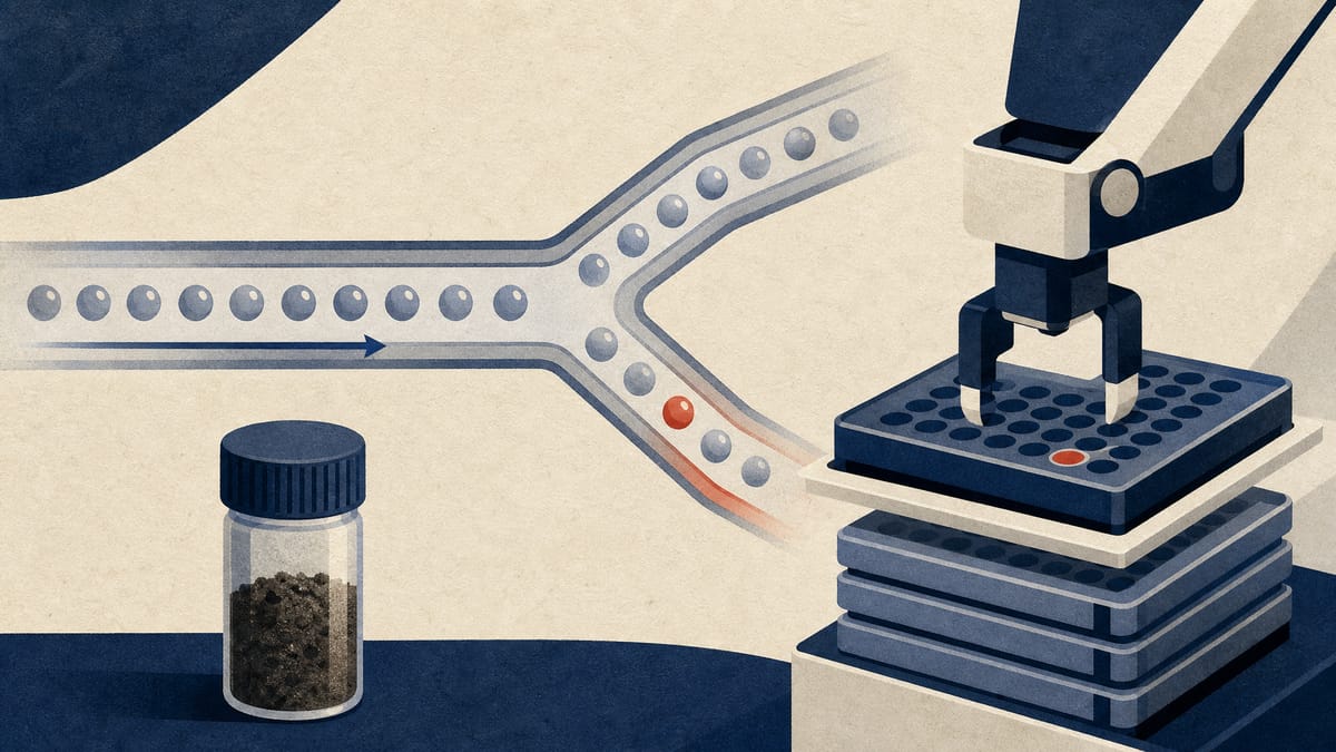 Illustration of a microfluidic chip sorting microbe-filled droplets into collection plates beside an automated plate handler and a soil sample vial.