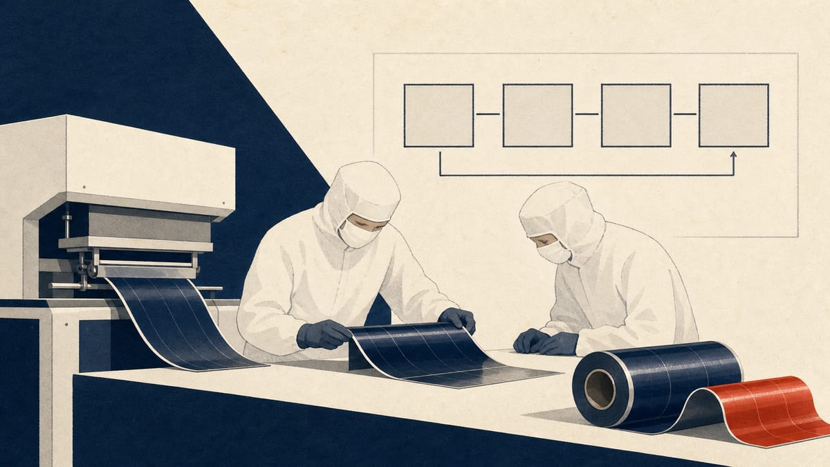 Engineers in cleanroom clothing fabricating a thin, flexible perovskite solar film on a laboratory bench