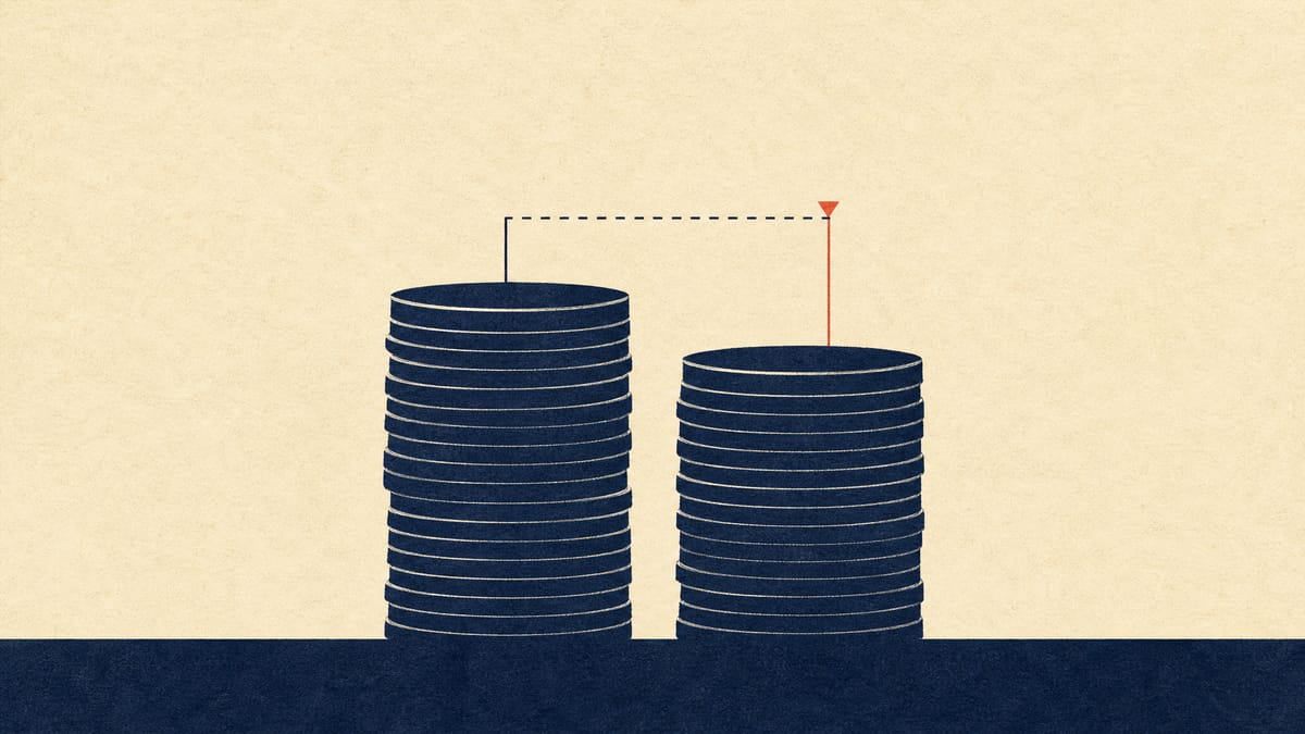 Two stacks of coins of unequal height side by side, illustrating a market price sitting below underlying asset value.
