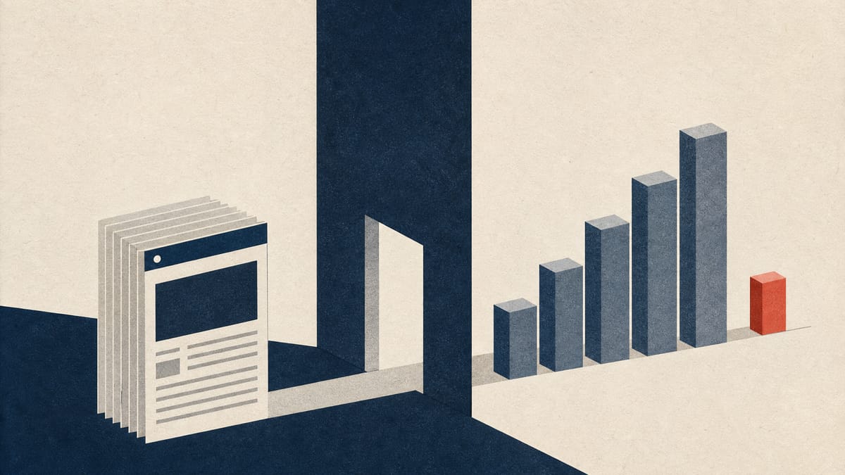 Illustrated article cards flowing into rising bar columns, with one small separate bar standing apart.