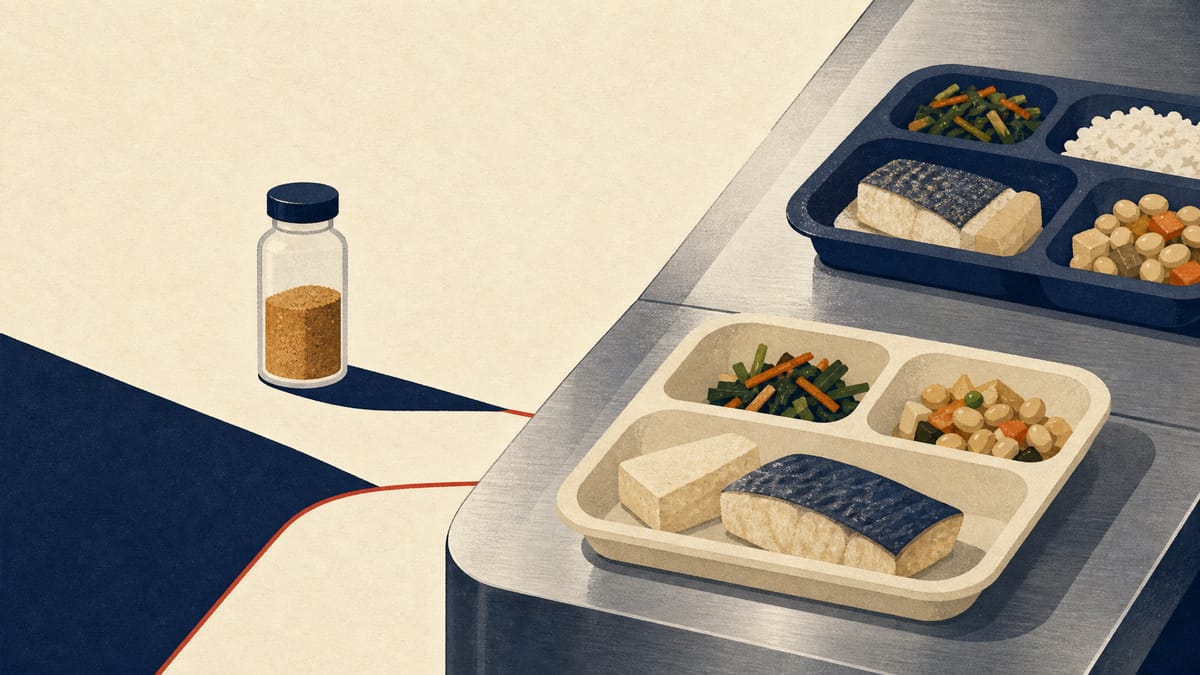 Stainless steel serving line with hospital and school-lunch meal trays of fish and soy dishes beside a small vial of ingredient powder.