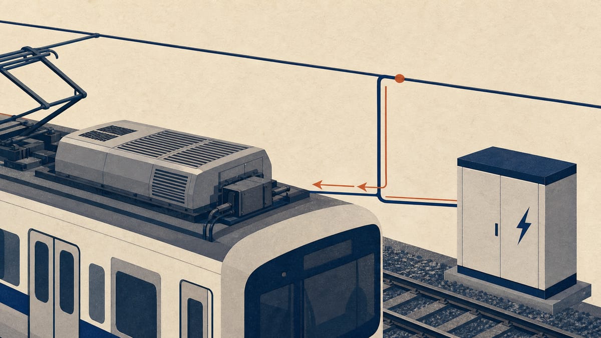 屋根上に機器を載せた通勤電車と、線路脇のバッテリーキャビネットを描いたイラスト。ブレーキ時のエネルギーが回収される様子を線で示している