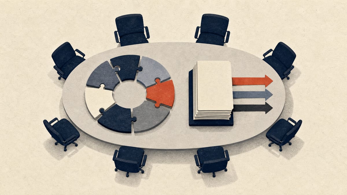 Overhead view of eight chairs around a table with portfolio pieces and allocation arrows being sorted, illustrating a board-level strategy review.